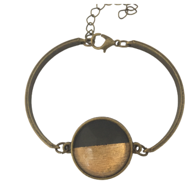 Bracelet rigide argenté cabochon couleur noir et or