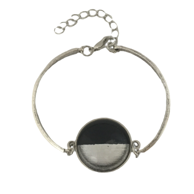 Bracelet rigide argenté cabochon couleur noir et argent