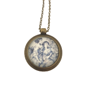Collier pendentif 25mm   Toile de Jouy bleue