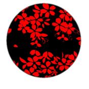 Broche ronde couleur argent, fleur rouge fond noir 