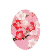 Bague ovale ciselée couleur argent motif japonisant fleurs de cerisier rose